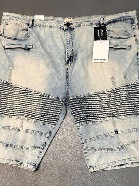 Blind Trust Mens Denim Shorts 52 Blue Acid Wash Biker Moto Slim Fit Distressed